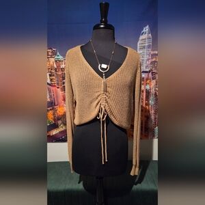 Women's Ruched Drawstring V-Neck Sweater - Tan